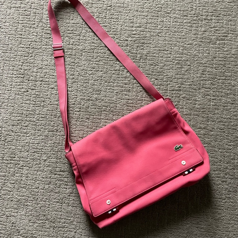 Lacoste coral pink canvas messenger bag